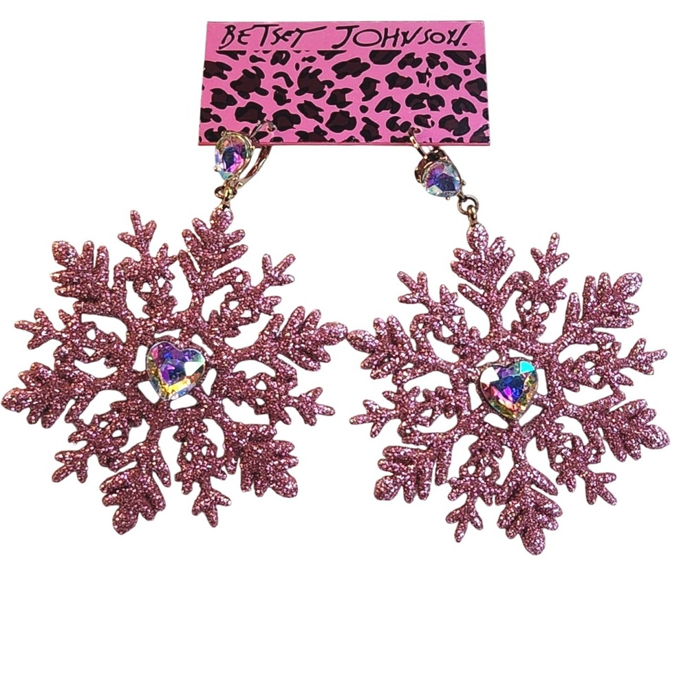 BETSEY JOHNSON Pink Snowflake Earrings‎ Glitter Crystal Drop Winter Christmas